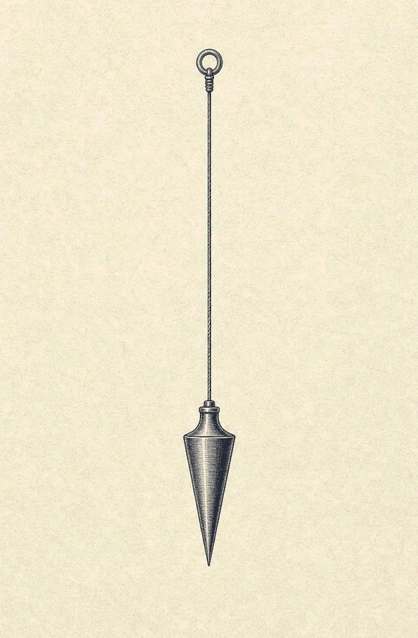 A line engraving of a plumb line: a taut vertical thread ending in a pointed weight.